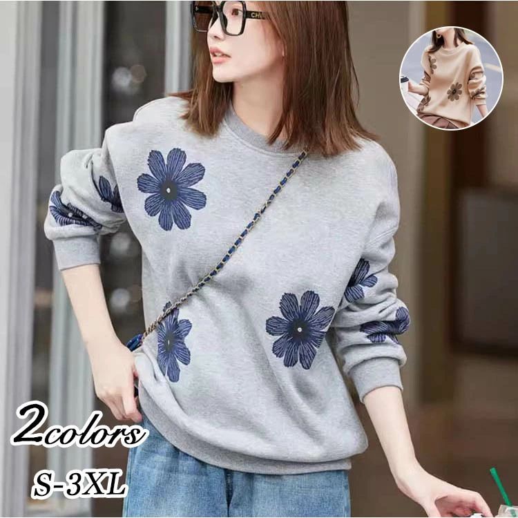 20 体型カバー カットソー トレーナー 花柄 スウェット トップス 長袖 クルーネック プルオーバー 冬 秋 春 tシャツ レディース