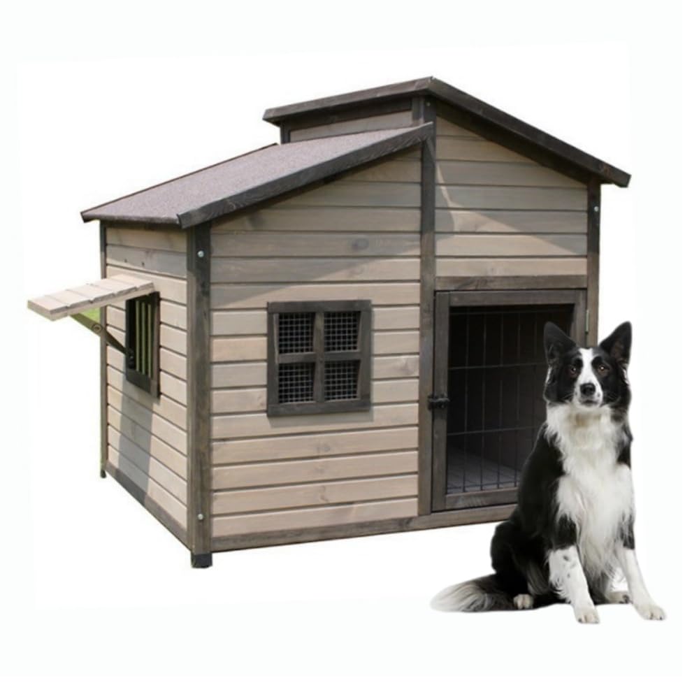木造犬掘っ立て小屋 猫 住み家 愛玩動物住み家 純一無雑材 愛玩動物住み家 犬舎 84*74*80.5珊 大屋根と部屋の入り口窓付き添い人 ドッグハウス 通気性 日焼打つ手