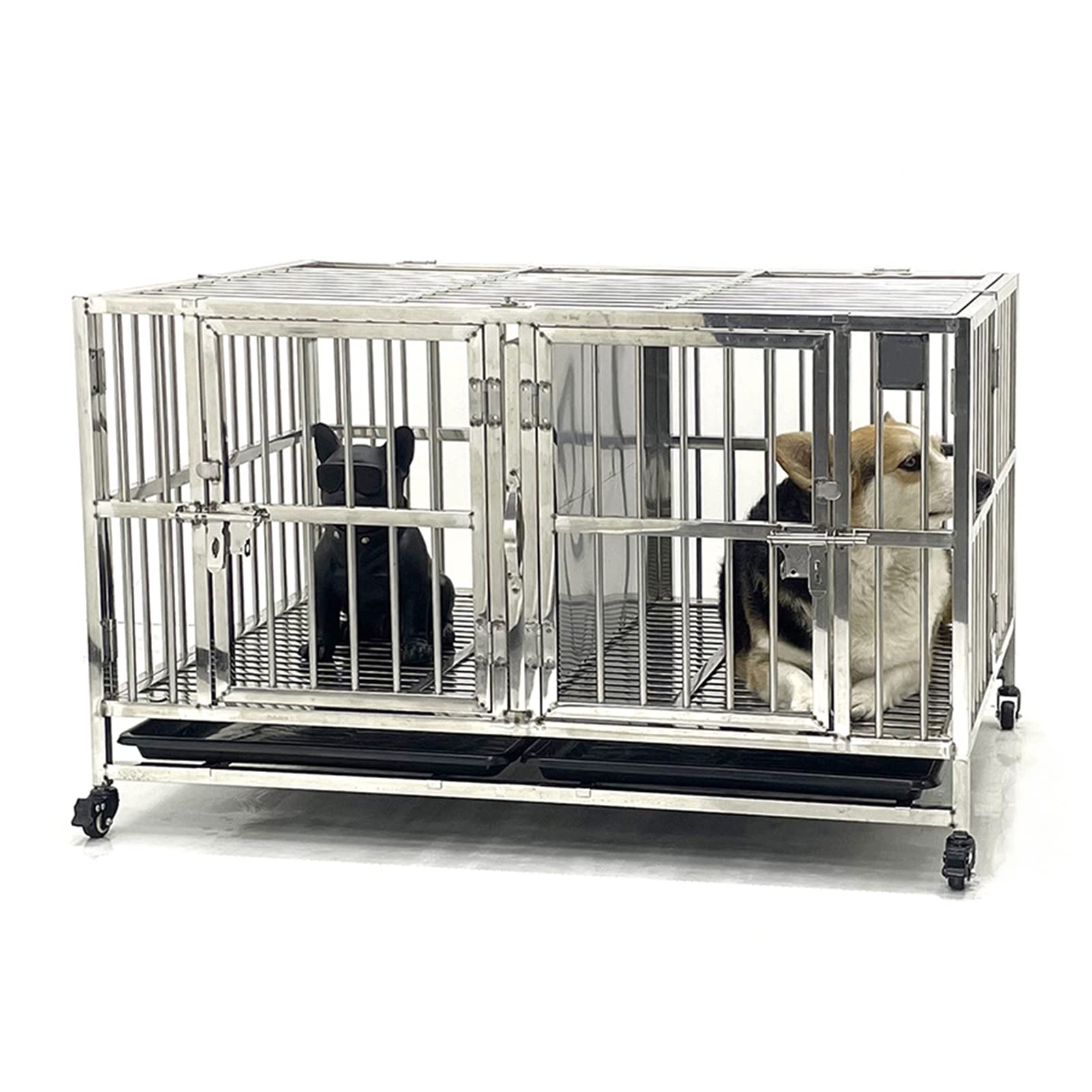 テンレス製の犬用ケージ 2匹の犬が喧嘩しないように真ん中に仕切りがあります 屋内と屋外に適しています ユニバーサルホイール｜hayashop
