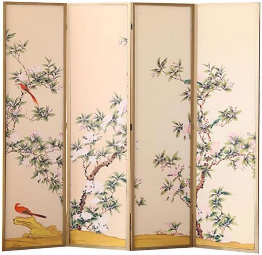 パーテーション 折り畳み式 間仕切り油絵屏風パインホーム 和風衝立 おしゃれ 松木枠4連 自立式 組み立て不要 収納簡単 高さ約18｜hayashop