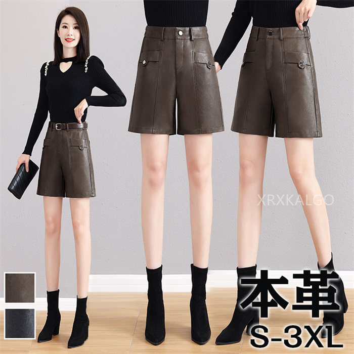 ショートパンツ レディース 短パン 本革 ラムレザーパンツ 着痩せ革パンツ ゆったり ヒップアップ ハイウエスト ワイド レッグ シープ スキン オールマッチ アウター パンツ 大きいサイズ ビッグサイズ ゴム 伸縮性 おしゃれ 羊革 送料無料 プレゼント S/M/L/XL/2XL/3XL