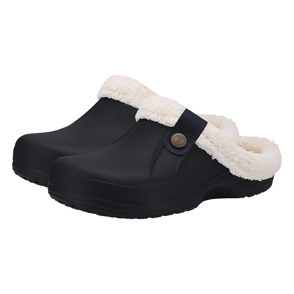 メンズ 毛皮の裏地付きクロッグ、防水冬用ファジースリッパ、ウィンターガーデン 屋内 屋外 ふわふわスリッパ クロッグハウス 暖かい ファジィミュール、屋内屋外ミュール, ホワイト #40,画像