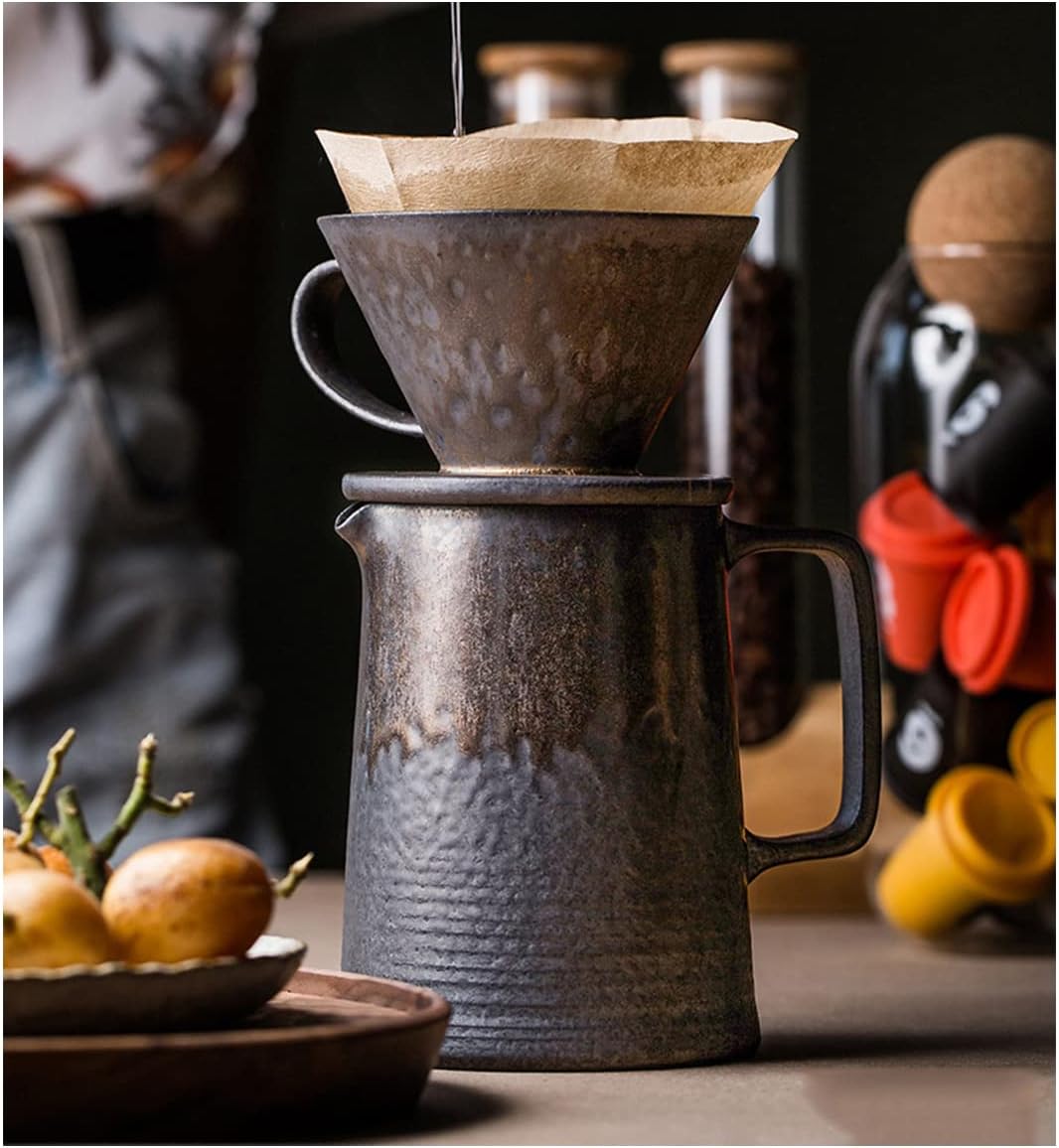 コーヒードリッパーコーヒーフィルターコーヒーサーバーセット、陶器純金のコーヒーカップ、復古鉄さび釉コーヒーフィルター1~4杯用｜H＆B JAPAN