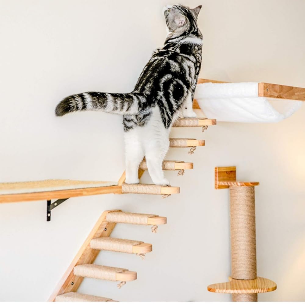 木製壁掛け式猫用ステップ サイザル麻とぎ爪パッド付き キャットステップ 猫用家具 猫 爪研ぎ 遊び場 取り付け簡単 屋内猫と子猫用 省スペース (2個入り) (ナチュラル)｜H＆B JAPAN