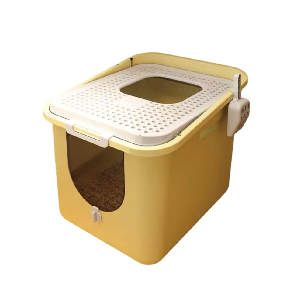 猫トイレ 大型 ドームタイプ 猫用トイレ本体 ワイドサイズ ふた付き 猫砂飛び散り防止 ドア付き コンパクト お手入れ簡単 完全に密閉されたトップエントリー 広々サイズ 全密閉式カバー キャットトイレ (イエロー)｜H＆B JAPAN