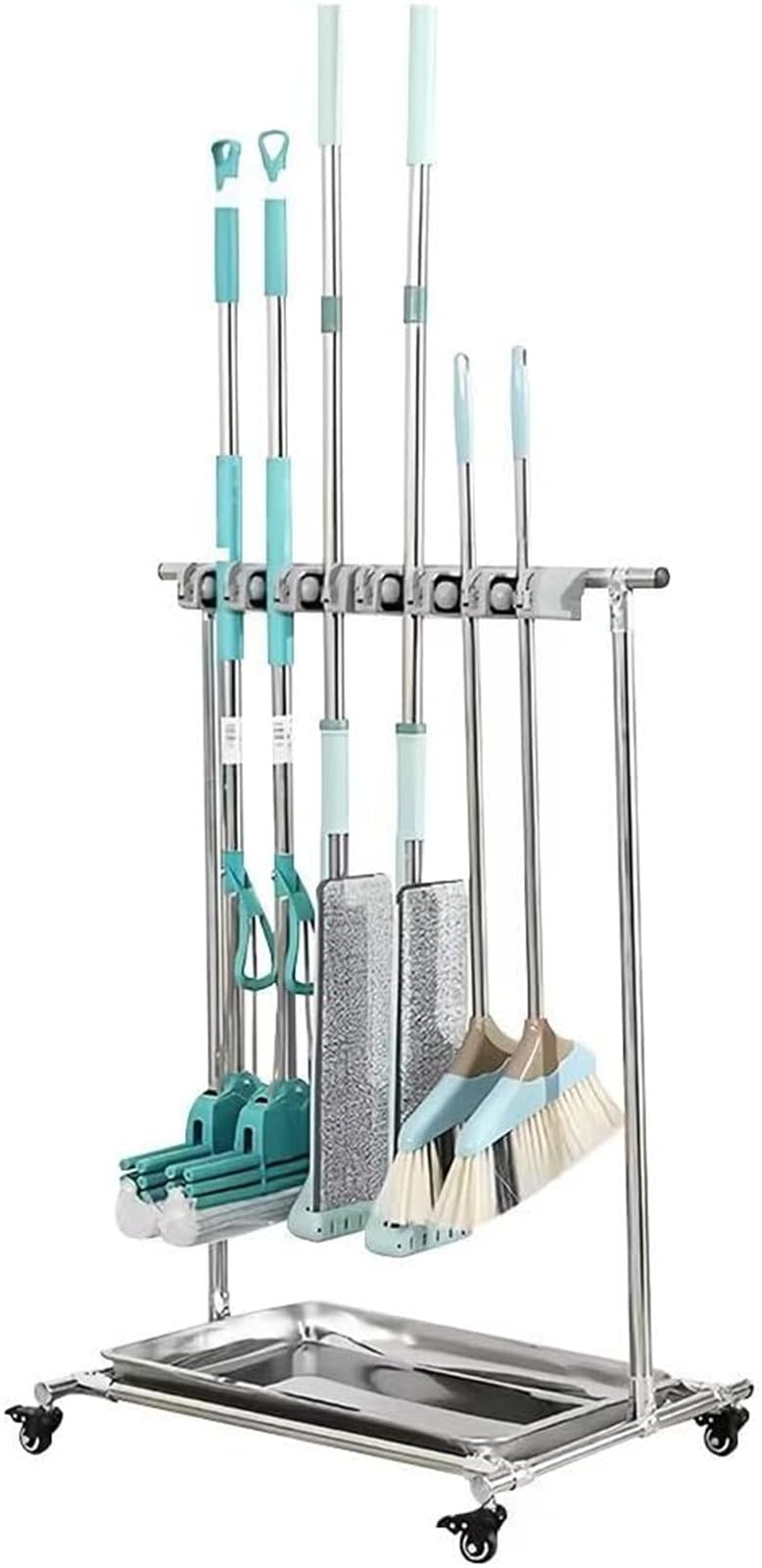 モップホルダー 掃除用具 収納 掃除用具ラック ほうきラック 自立式 高耐久性 キャスター付き 可動 モップ掛け 排水シンク付き フック付き 区分け収納 清掃ワゴン ツールカート 清掃カート 組み立て簡単 多機能 ホテル 工場 学校 会社 病院用 (5スロット,ステンレス製トレイ)｜H＆B JAPAN 8,861円