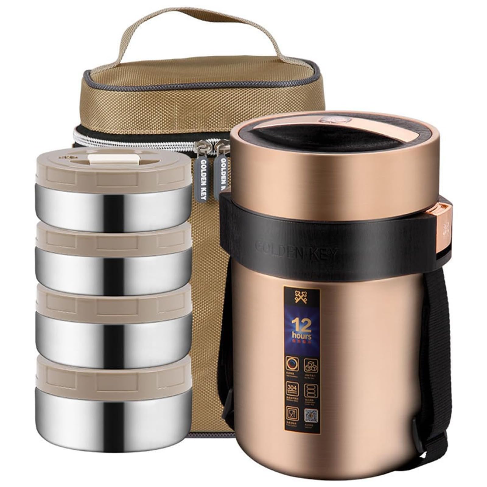 保温 大容量ステンレス保温フード缶ポータブル 食器と保存袋付き フード容器12時間保温 (ゴールデン,1.8)｜H＆B JAPAN