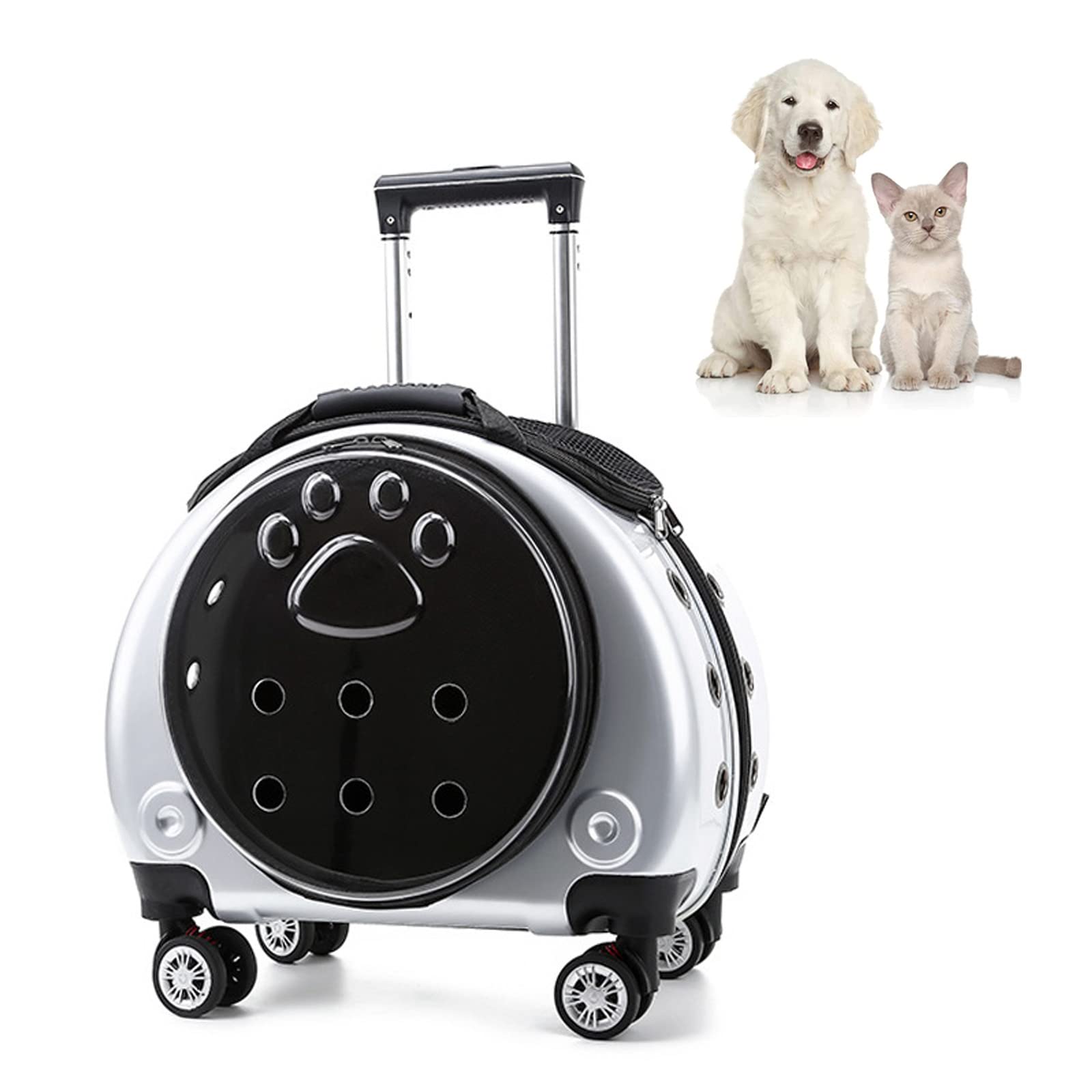 ペット犬猫キャリアバッグ 通気性 猫 外出用 キャリーバッグ 4輪 猫 旅行バッグ 取り外し可能な単一のショルダー・ストラップが付いている トランクスーツケース中小型犬猫小動物適用 (シルバー)｜H＆B JAPAN