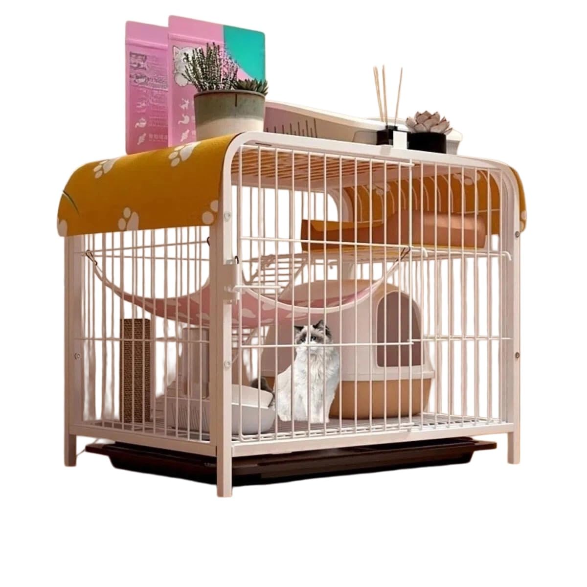 猫がゆったり過ごせる特大サイズの猫用ケージ。家、キャビネット、猫用ベッド、キャットタワーなど、他の猫用住居にも適しています。スライド式のドアを採用し、頑丈で耐久性に優れています。 (白 60&times;40&times;47 二段式)｜H＆B JAPAN