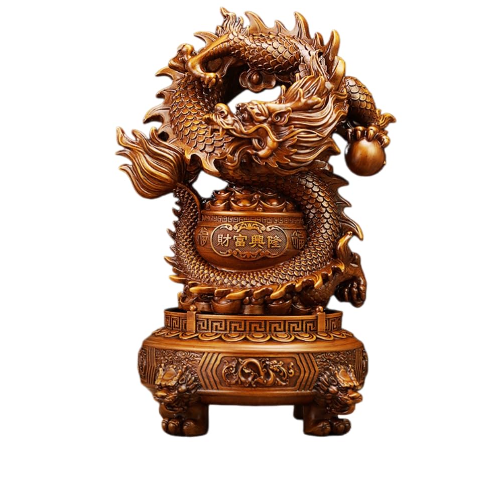 風水龍 龍の置物 風水グッズ 幸運置物装飾品 縁起物 樹脂製 耐久性 金の運気を高める 自分の財産と運気を守る 金運を集める 財運 仕事運 招財 開運 商売繁盛 お守り 魔除け 無病息災 玄関 オブジェ オフィス 開業に お祝いのプレゼント結婚祝 (サイズ + 木目調カラー)｜H＆B JAPAN