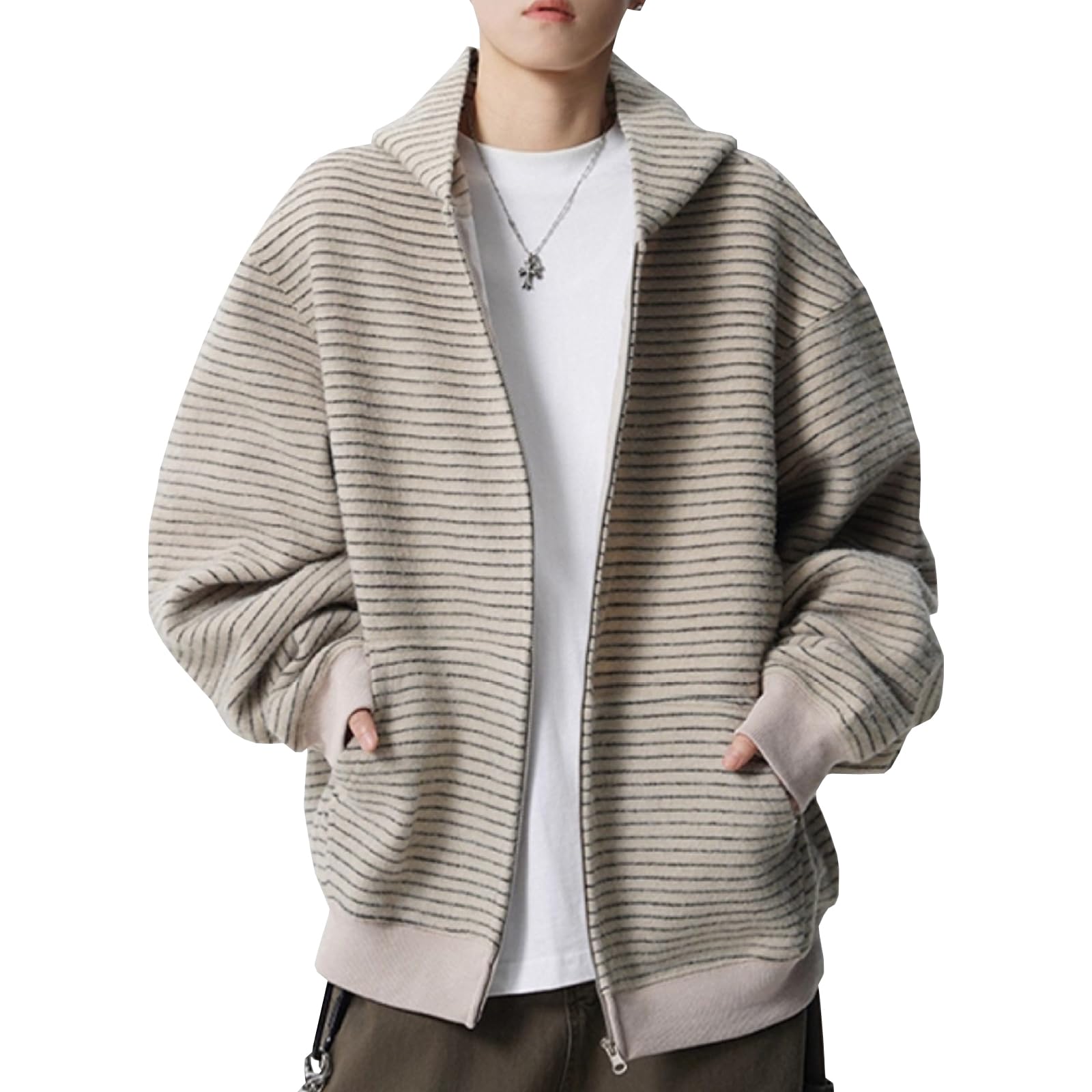 [e] パーカー メンズ 長袖 ゆったり スウェット 春服 ジップパーカー カジュアル 秋服 ジャージ トレーナー アウター カーディガン ストライプ ポケット付き フード付き トップス シンプル快適 おしゃれ 男女兼用 普段着 重ね着風｜H＆B JAPAN