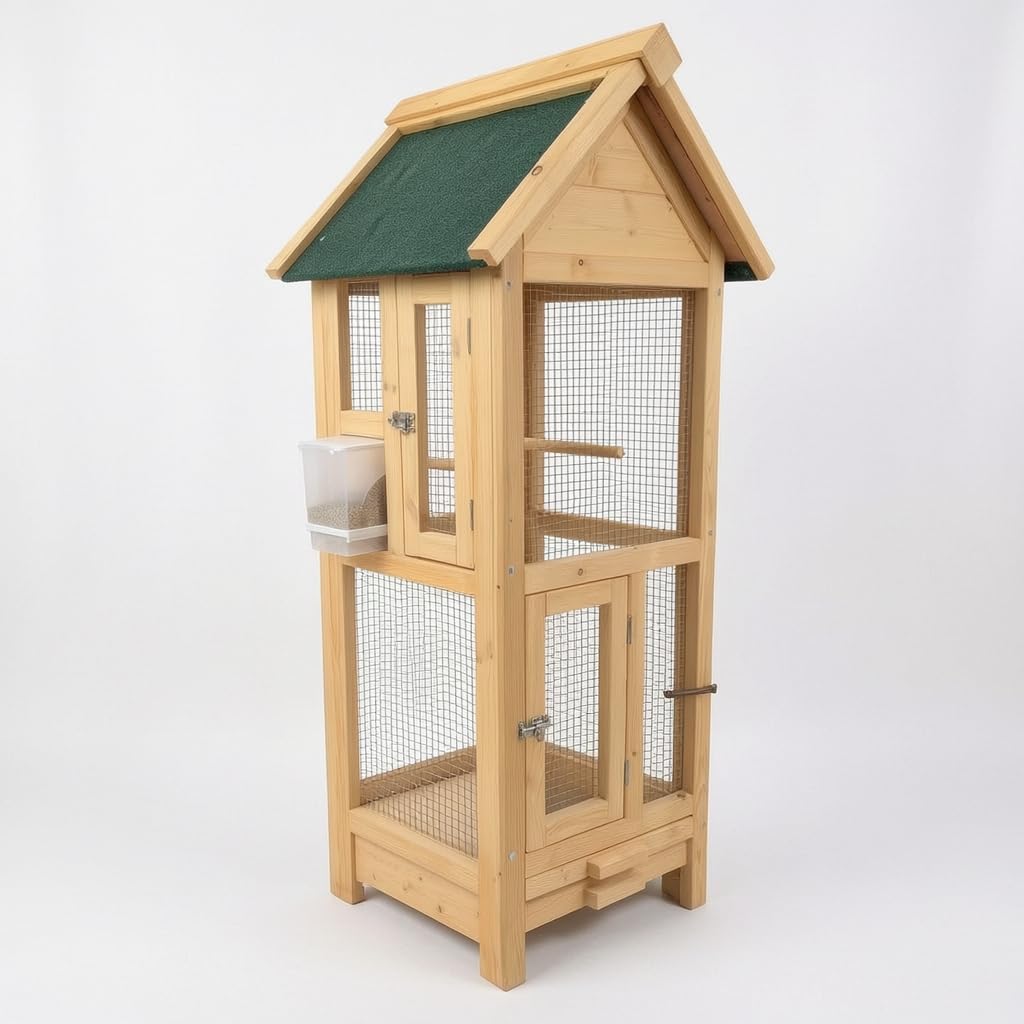 天然木製 鳥かご 屋外用 大型 鳥籠 雨よけ バードハウス 庭 ベランダに, 原木色, ベージュ,｜H＆B JAPAN