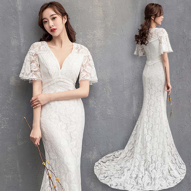 マーメイドドレス ロング丈 マーメイド ワンピース Vネック 葉柄 総柄 刺繍 優雅 半袖 ラッパ袖 XS/S/M/L/XL ウェディングドレス ミモレ丈 ロングドレス 演奏会 結婚式 袖あり 半袖 プリンセス セレモニー パーディー イブニングドレス｜Luckland 12,207円