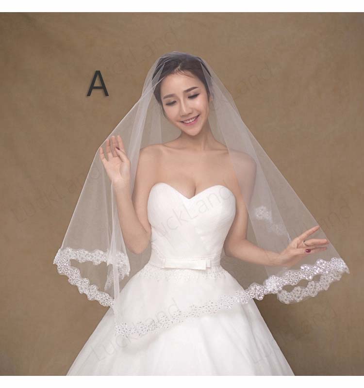 ウェディング ヴェール 結婚式 ショート レース 2層紗 オフホワイト チュール 花嫁 ラインストーン飾り