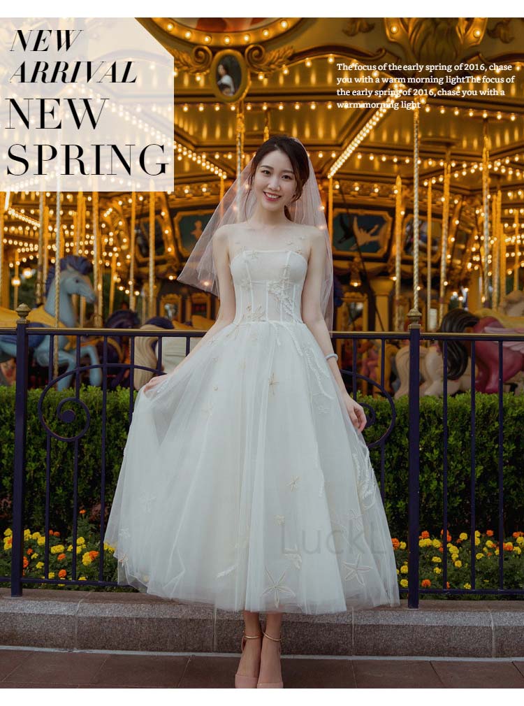 二次会 ミモレ丈 チューブトップ ノースリーブ キャミソール ウェディングドレス きれいめ レトロ 結婚式 レース 大きいサイズ 花嫁ドレス 結婚式 星 ウェディングドレス ミモレ丈 カジュアル プリンセス モチーフ ドレス キャミソール 二次会 花嫁ドレス ノースリーブ