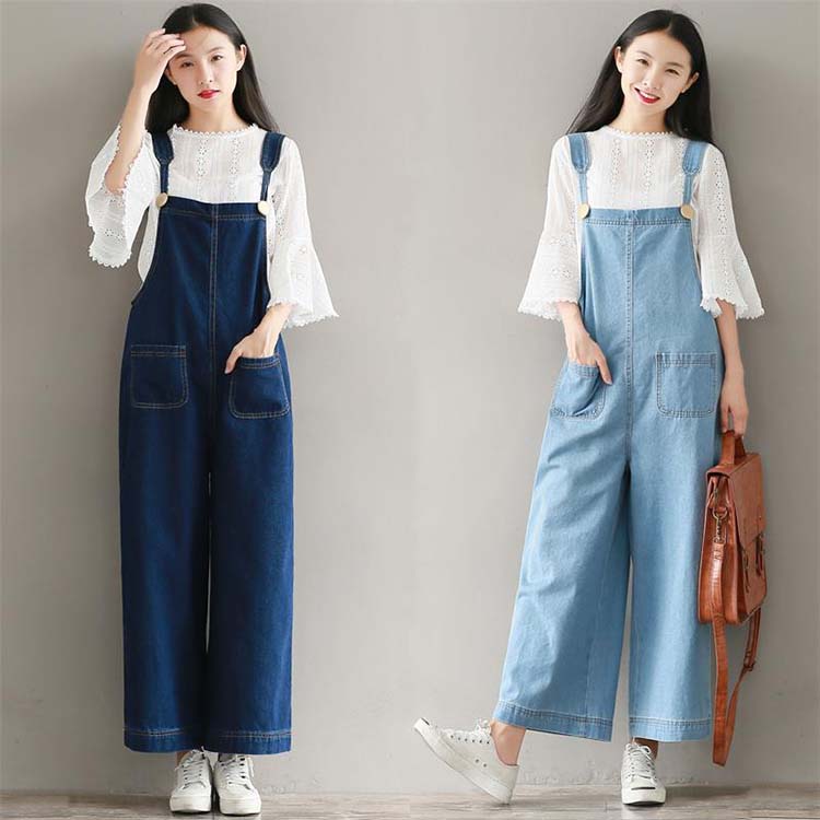 Women's overalls all-in-one denim overalls three-quarter length bottoms cute adult stylish wide loose thin cool casual pants spring summer elegant large size sarouelle pants