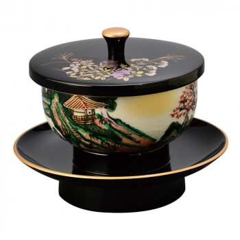 鉄仙穴あき茶托セット 九谷焼茶碗付 黒(フチ金)/山水 5323420261091【メーカー直送：代金引換不可：同梱不可】【北海道・沖縄・離島は配達不可】