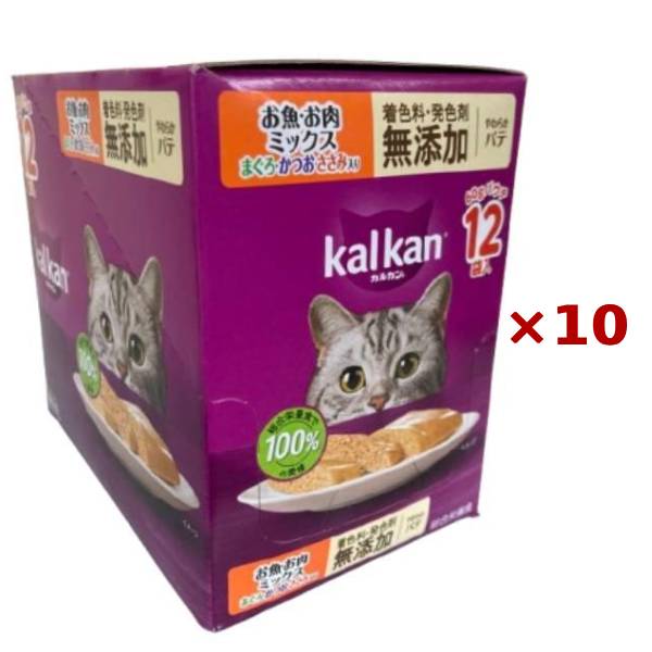 【まとめ買い&times;10個セット】マースジャパン カルカン パウチ やわらかパテ お魚・お肉ミックス まぐろ・かつお・ささみ入り 着色料・発色剤 無添加 60g&times;12袋入｜ホームセンターグッデイ店