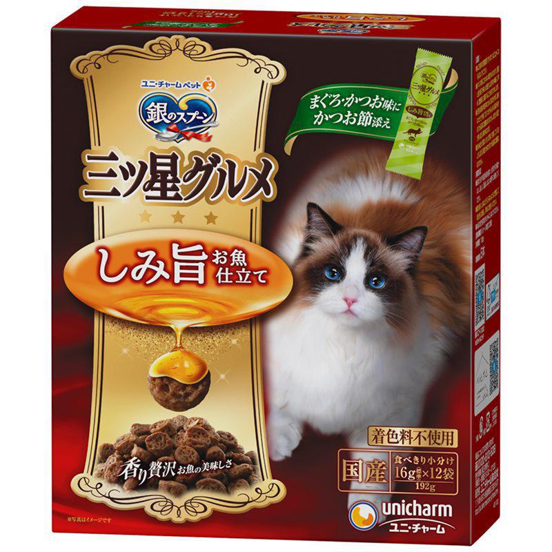 【ケース販売】 ユニチャーム 銀のスプーン三ツ星グルメしみ旨お魚仕立てまぐろ・かつお味にかつお節添え 1箱(16g×12袋入)×14箱セット
