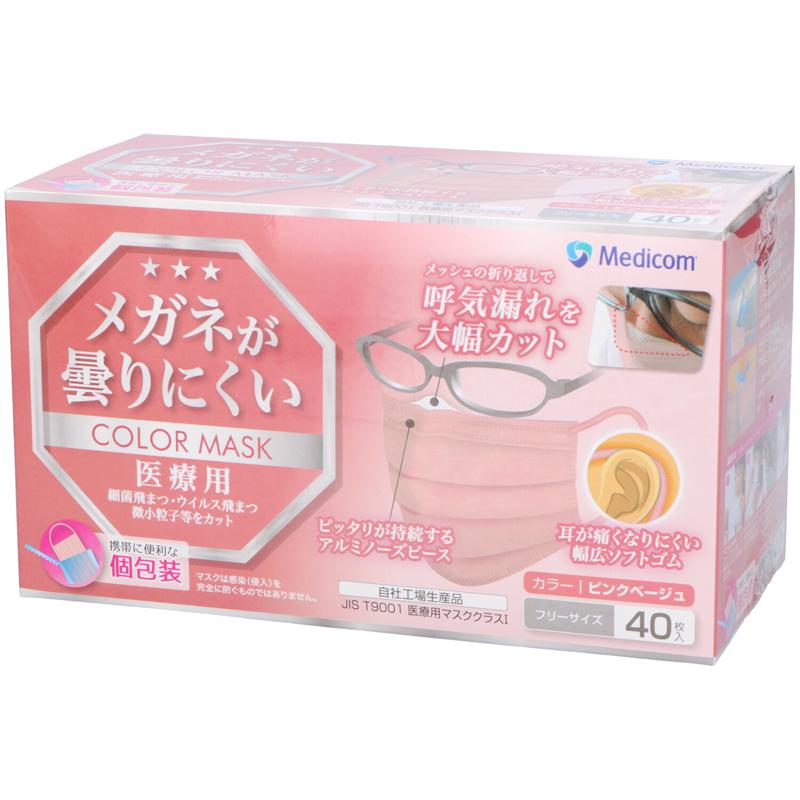 【セット販売】 メディコム メガネが曇りにくいマスク ピンクベージュ 40枚(×12セット) 衛生用品/マスク