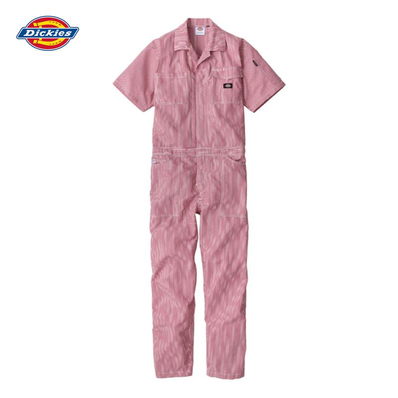 Dickies ライト ストレッチヒッコリー 半袖つなぎ D-7102 レッド L ツナギ 半袖 作業服 ディッキーズ