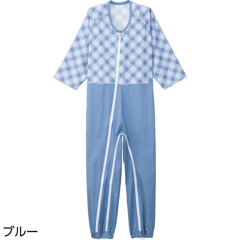 介護用フルオープンつなぎパジャマ ブルー サイズ:M (38728)