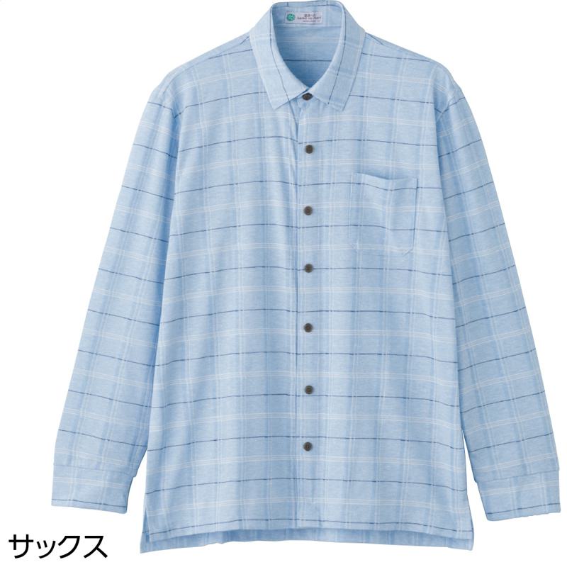 麻混スナップ釦ニットシャツ サックス サイズ:M (822277)