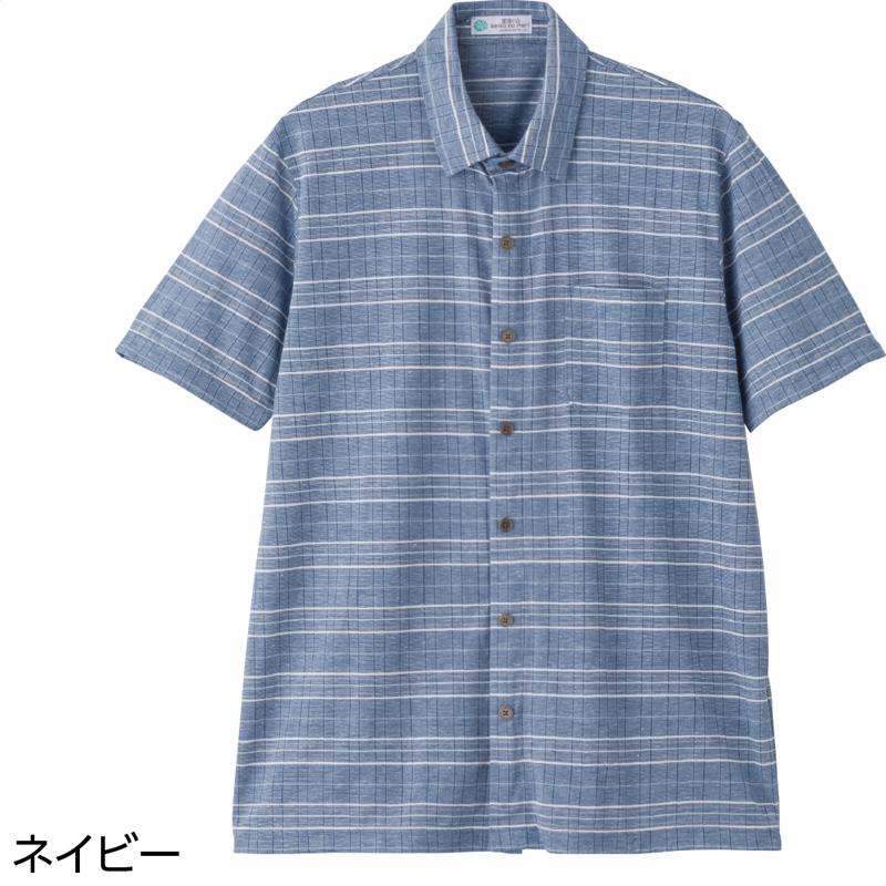 麻混隠れファスナー半袖ニットシャツ ネイビー サイズ:M (822282)その他