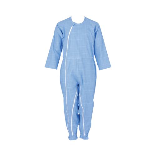 介護つなぎ服(前開き) / 403420 M ブルー/チェック柄 フットマーク 衣類/介護ねまき (U0389)