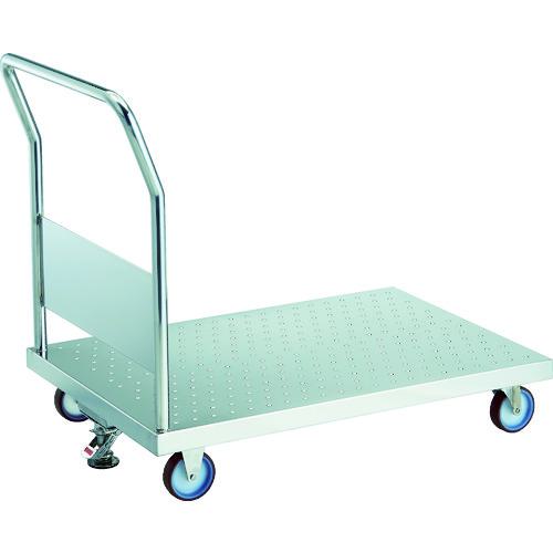 ■TRUSCO オールステンレス製運搬車 オールステンレスエンボス天板台車 (固定ハンドルタイプ・ナイロンウレタン車輪) 900×600×850 ストッパー付〔品番:ASEM2100NUS〕【1162376:0】[法人・事業所限定][直送元][店頭受取不可]