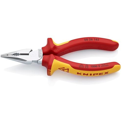 ■KNIPEX 絶縁ニードルノーズペンチ 1000V絶縁ハンドル 145mm〔品番:0826145〕【1163229:0】[店頭受取不可]