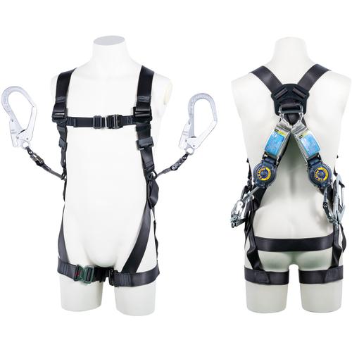 ■TSUYORON 黒影ハーネス ツインランヤード付き ロック機構付き巻取式SRリトラ ダークグレー Mサイズ〔品番:TH5042TR93SVOTDGM2R23BX〕【1633463:0】[店頭受取不可]｜ホームセンターバロー　店