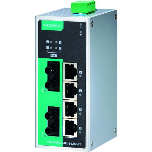 ■MOXA 6ポート(RJ45 PoE×4、マルチモードSTコネクタ×2) アンマネージド イーサネットスイッチ ワイド温度モデル〔品番:EDSP206A4POEMMSTT〕【1685238:0】[送料別途見積り][法人・事業所限定][掲外取寄][店頭受取不可]