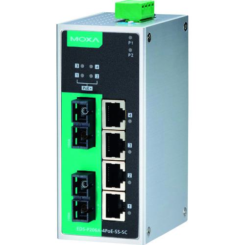■MOXA 6ポート(RJ45 PoE×4、シングルモードSCコネクタ×2) アンマネージド イーサネットスイッチ ワイド温度モデル〔品番:EDSP206A4POESSSCT〕【1685258:0】[送料別途見積り][法人・事業所限定][掲外取寄][店頭受取不可]