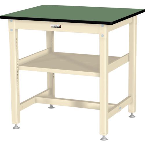 ■ヤマテック 中量作業台 ワークテーブル800シリーズ 固定式 中間棚付 塩ビシート天板 W900×D750×H900mm グリーン/ヤマテックアイボリー〔品番:SVRH975S2GI〕【3494447:0】[法人・事業所限定][外直送元][店頭受取不可]