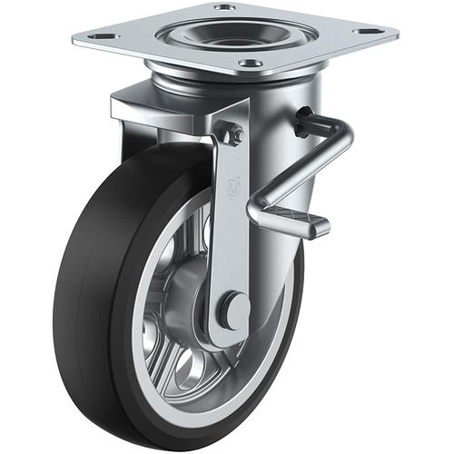■ユーエイ プレート式 自在 キャスター ゴム 車輪径150mm ストッパー付き PMタイプ PMS-LB(R)型 取付寸法94×94(87×87)〔品番:PMS150AWLBR〕【4405170:0】[店頭受取不可]