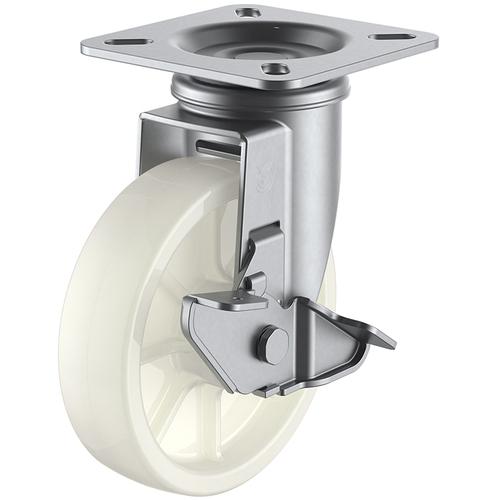 ■ユーエイ プレート式 自在 ステンレスキャスター ナイロン 車輪径150mm ストッパー付き Jタイプ SUS-J-S型 取付寸法90&times;90(75&times;75)〔品番:SUSNJ150S〕【4405650:0】[店頭受取不可]｜ホームセンターバロー　店