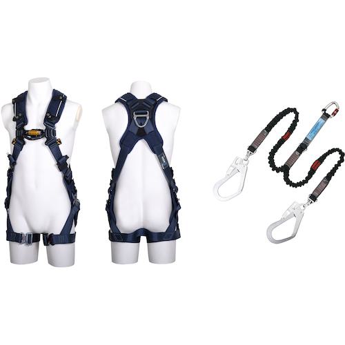■TSUYORON ZERO-Gハーネス 腿水平型 紺 HG Mサイズ+伸縮式ノビロン(BK)ツインランヤード セット〔品番:TH520H2NV93SVOTBLMHGBX〕【5256717:0】[送料別途見積り][法人・事業所限定][掲外取寄][店頭受取不可]