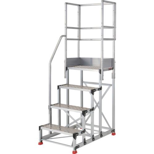 ■TRUSCO アルミ製作業用踏台 縞板タイプ 4段 高さ1.2m 天板寸法600×400 段高300mm 階段片手すり天場三方付き〔品番:TSFC4612TKS300〕【5515719:0】[店頭受取不可]