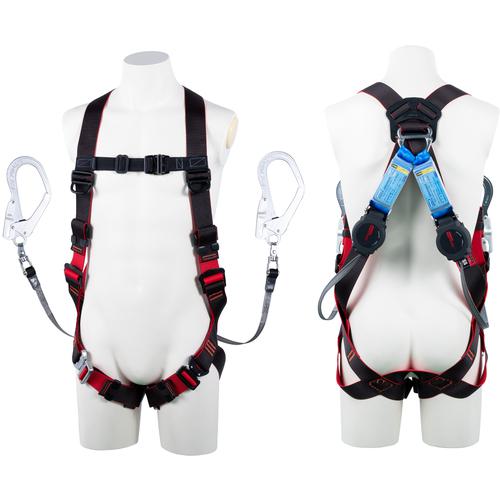 ■TSUYORON レヴォハーネス ツインランヤード付き ロック機構付き巻取式ワン・ハンドリトラ 黒・赤 LLサイズ 130KG対応型〔品番:TH5082OH93SVOTBKRLL130K2R23〕【6291538:0】[送料別途見積り][法人・事業所限定][掲外取寄][店頭受取不可]