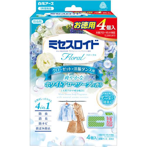 ■白元 ミセスロイドフローラル クローゼット・洋服ダンス用4個入り 1年防虫 ホワイトアロマソープの香り《20個入》〔品番:126610〕【6527579×20:0】[送料別途見積り][掲外取寄][店頭受取不可]