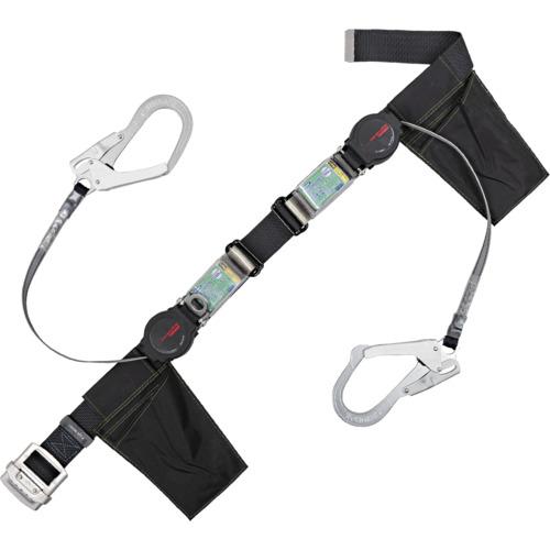 ■TSUYORON 胴ベルト型墜落制止用器具(巻取タイプ)ランヤード2丁掛け仕様 ロック機構付きワン・ハンドリトラ 黒 Lサイズ 幅50MM×長さ1400MM〔品番:TB2ORL593ORL5931BLKLBX〕【6562945:0】[店頭受取不可]