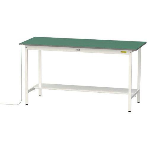 ■ヤマテック ワークテーブル150シリーズ 導電性ゴムマット貼りタイプ 固定式 半面棚板付 W1800×D750×H950mm 緑マット/シルキーホワイト〔品番:SUPEH1875TWW〕【6961579:0】[法人・事業所限定][直送元][店頭受取不可]
