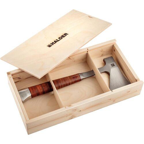■HALDER 手斧 革製ハンドル仕様 刃先の保護用革製ベルトバッグ・木製ボックス付き 長さ370mm〔品番:3555S001〕【7118099:0】[送料別途見積り][掲外取寄][店頭受取不可]