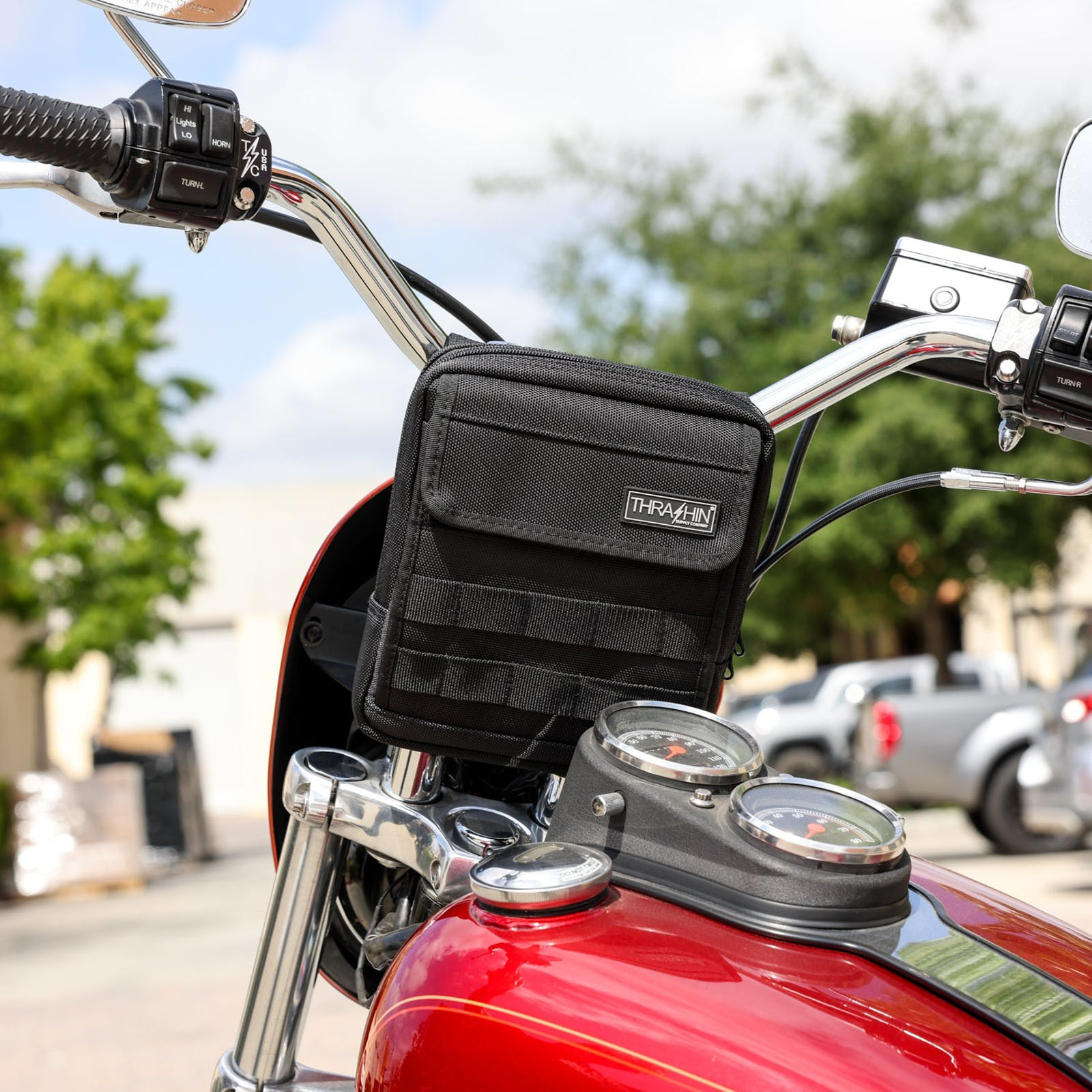 THRASHIN ブラックポーチ マルチバンド付き ハーレー Harley Davidson THRASHIN SUPPLY・ハンドルバーバッグ プラス