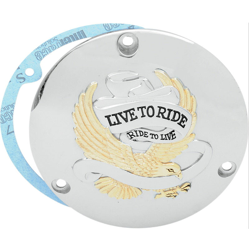 【Drag Specialties】 Live to Ride ダービーカバー クローム/ゴールド 1984~1998 ダイナ、ソフテイル、ツーリング|ワールドモーターライフ