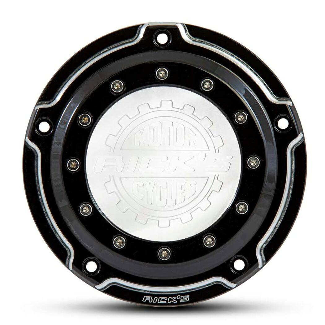 【Ricks Motorcycles】Porthole・2019～2024 ソフテイル用ダービーカバー ロゴ入り グロスブラック/シルバー｜ワールドモーターライフ