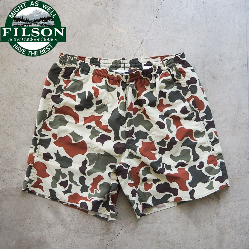 FILSON フィルソン ショーツ 海パン メンズ OXBOW LAKE TRUNKS 93587 ハーフパンツ 水陸両用 水着 短パン 大きいサイズ カモ柄 カモフラ 迷彩 ウエストゴム イージー ショートパンツ オックスボウ レイク トランクス アメカジ