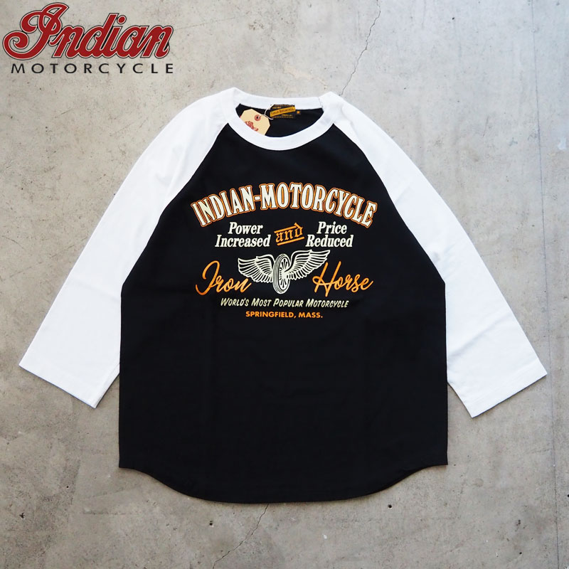 Indian Motorcycle インディアン モトサイクル 七分 Tシャツ メンズ ベースボール 七分袖Tシャツ IM69551 メンズ 日本製 アメカジ モーターサイクル プリント 長袖 長袖Tシャツ 東洋 東洋エンタープライズ 黒 白 メール便