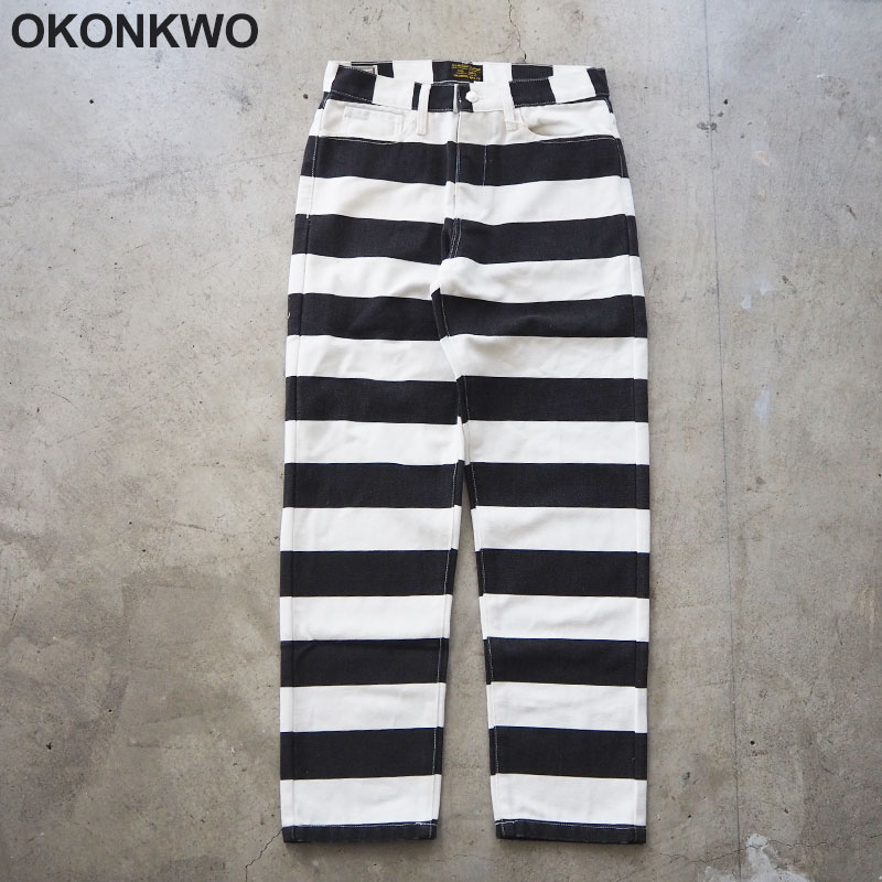 OKONKWO ボーダー パンツ プリズン モーターサイクルパンツ INS-261 メンズ ストライプ 太ボーダー シンプル ストリート コットン｜HEADFOOTmixism